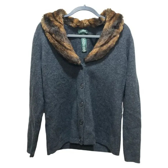 LAUREN RALPH LAUREN Merino Wool Angora Rabbit Fur Cashmere Jacket Size Large - Picture 1 of 6